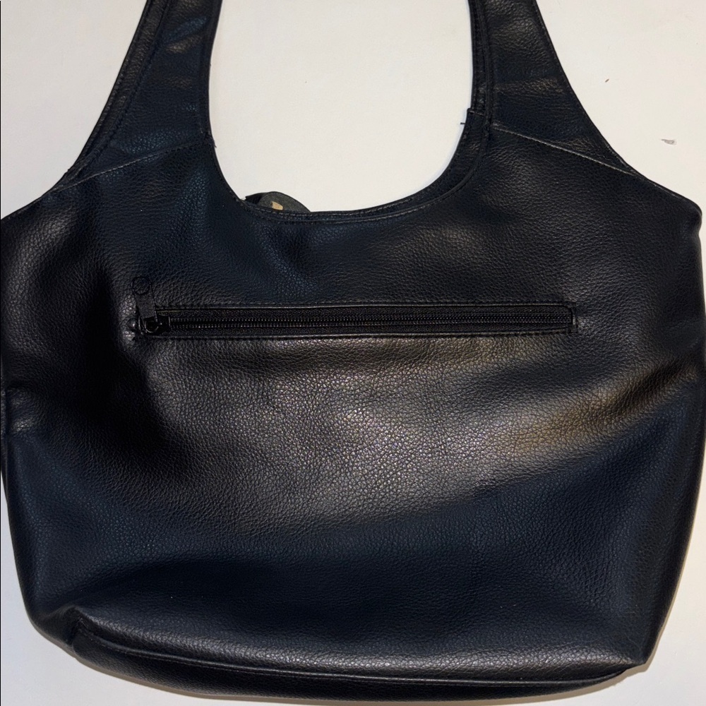 BLACK SHOULDER BAG FAUX LEATHER WHITE PIPING ALONG HANDLES AND IN BOW ADORNMENT - Picture 5 of 8